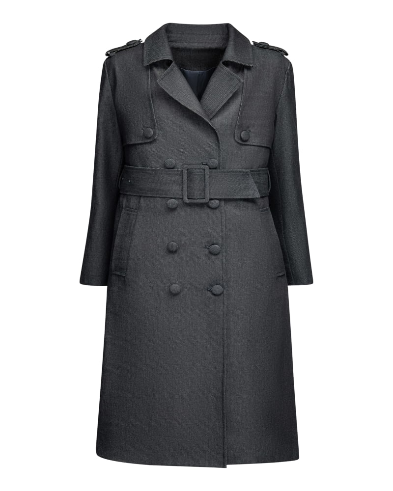 Front of a size 1X The Rylan Denim Trench Coat in Navy by Hilary MacMillan. | dia_product_style_image_id:330515